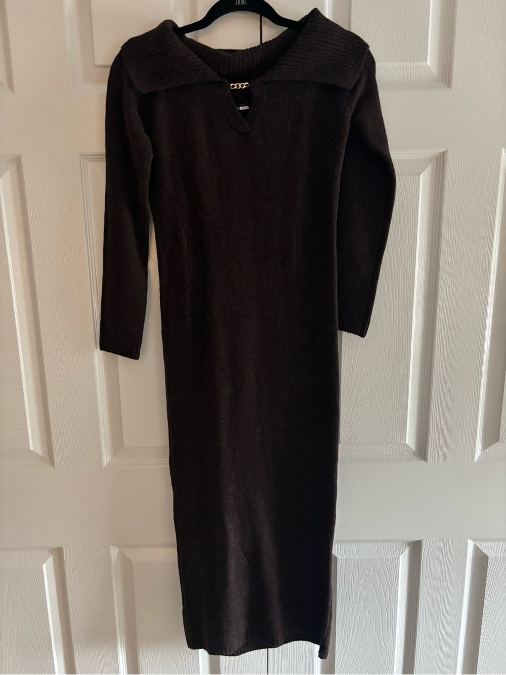 Fashion Nova Dark Brown Long Sleeve Knit Dress with Chain Accent